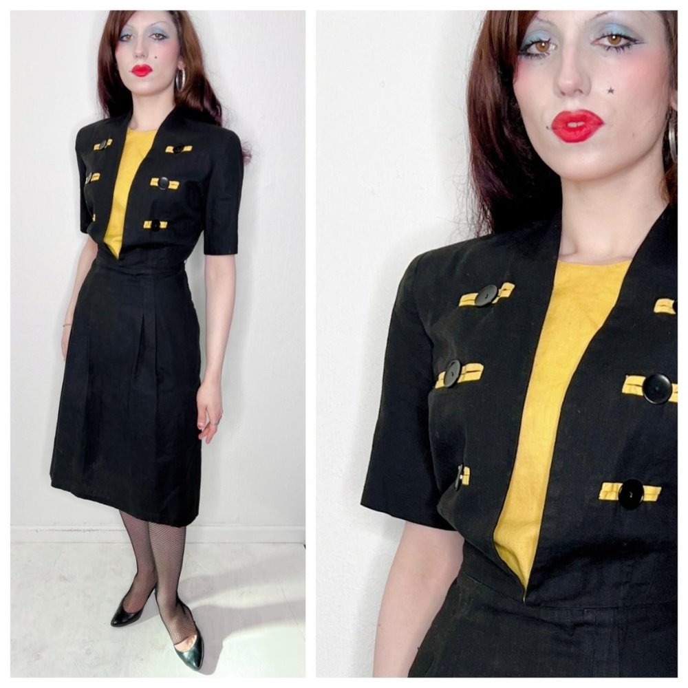 Vintage 50-60s Career Button Day Wiggle Dress Large MCM MOD VLV Pinup Rockabilly